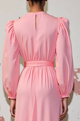 Rosa A Linie Langarm Kleid für Hochzeitsgäste mit Gürtel
