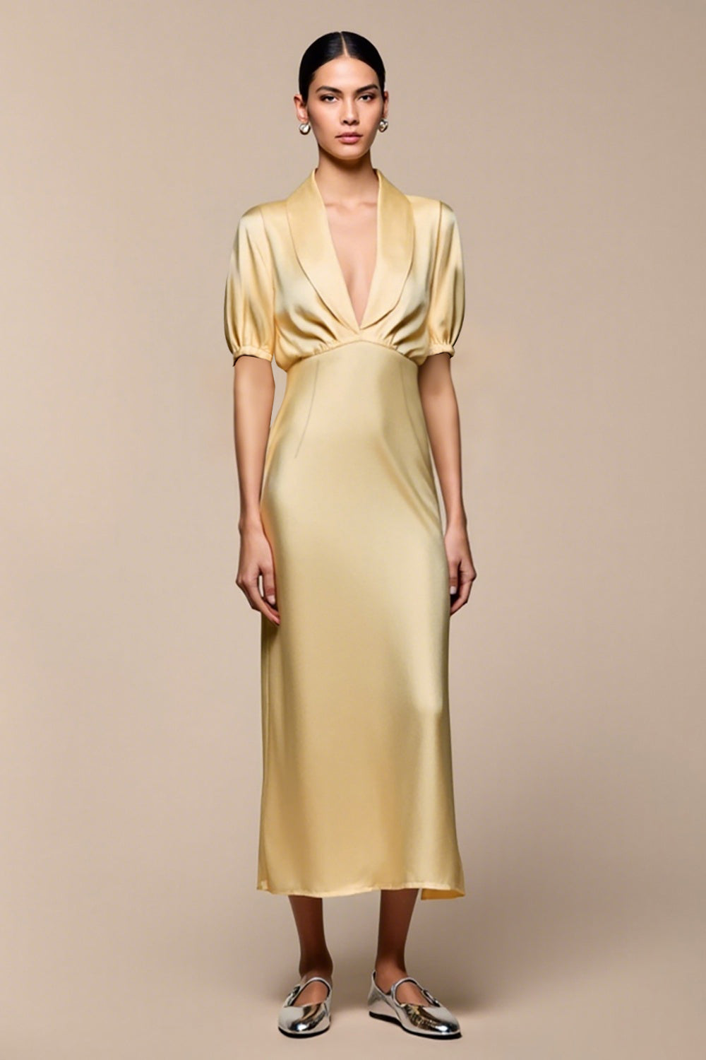Gelbes Schal Revers Etui Hochzeitsgastkleid