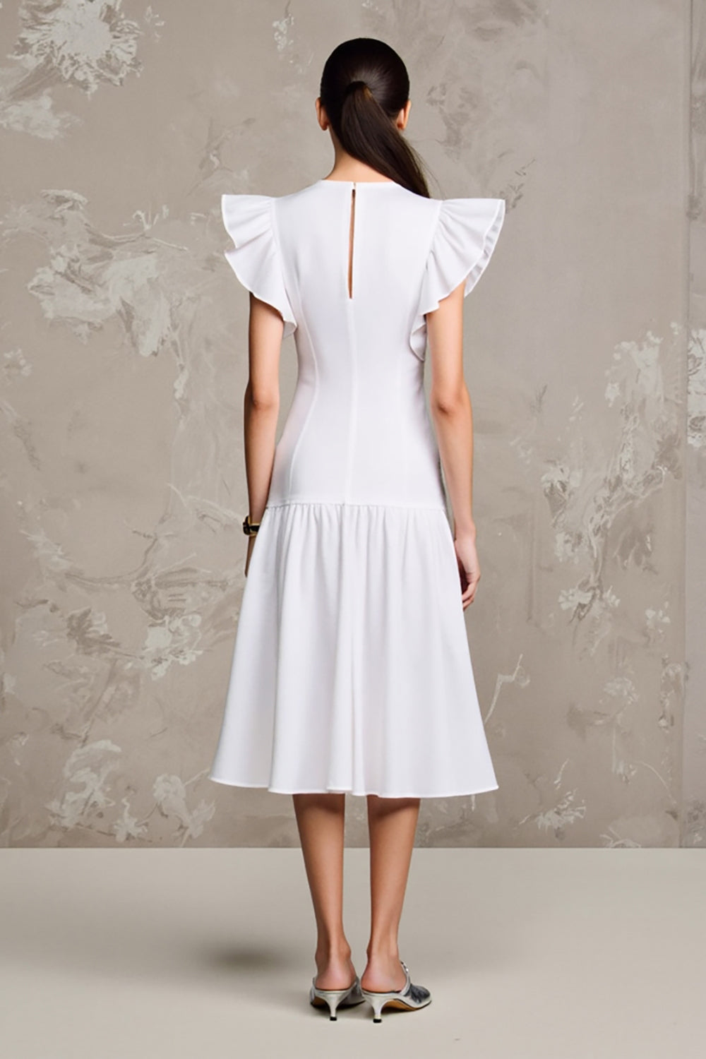 Weißes A-Linie Hochzeitsgastkleid mit Flatterärmeln