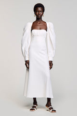 Weißes A-Linie Hochzeitsgastkleid mit langen Ärmeln