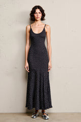 Schwarzes Polka Dot Rückenfreies Langes Hochzeitsgastkleid