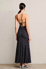 Schwarzes Polka Dot Rückenfreies Langes Hochzeitsgastkleid