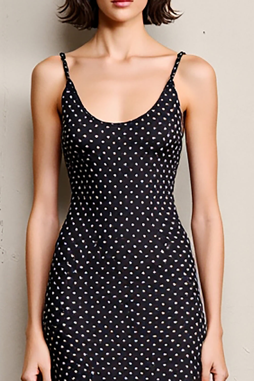 Schwarzes Polka Dot Rückenfreies Langes Hochzeitsgastkleid