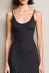 Schwarzes Polka Dot Rückenfreies Langes Hochzeitsgastkleid