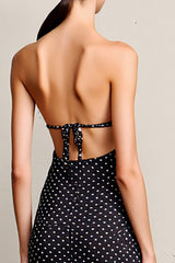 Schwarzes Polka Dot Rückenfreies Langes Hochzeitsgastkleid