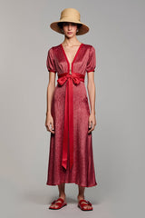 Rotes Langes Hochzeitsgastkleid aus Satin mit V-Ausschnitt und Ärmeln