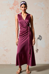 Burgundy Langes Hochzeitsgastkleid aus Satin mit Rüschen