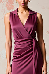 Burgundy Langes Hochzeitsgastkleid aus Satin mit Rüschen