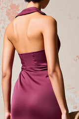 Burgundy Langes Hochzeitsgastkleid aus Satin mit Rüschen