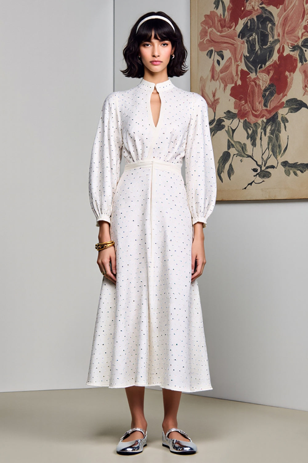 Weißes Langes Hochzeitsgastkleid mit Polka Dots in A-Linie