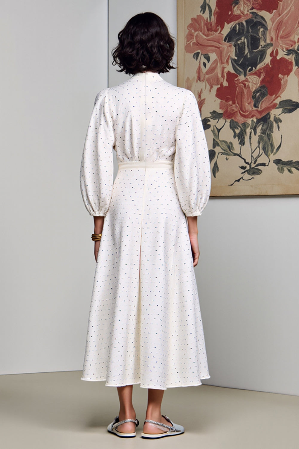 Weißes Langes Hochzeitsgastkleid mit Polka Dots in A-Linie