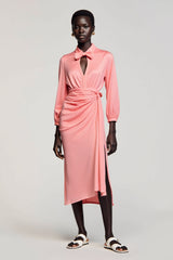 Rosa Satin Gerafftes Hochzeitsgastkleid mit Schleife