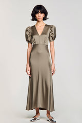 Olive Satin Puffärmel Langes Hochzeitsgastkleid