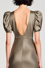 Olive Satin Puffärmel Langes Hochzeitsgastkleid