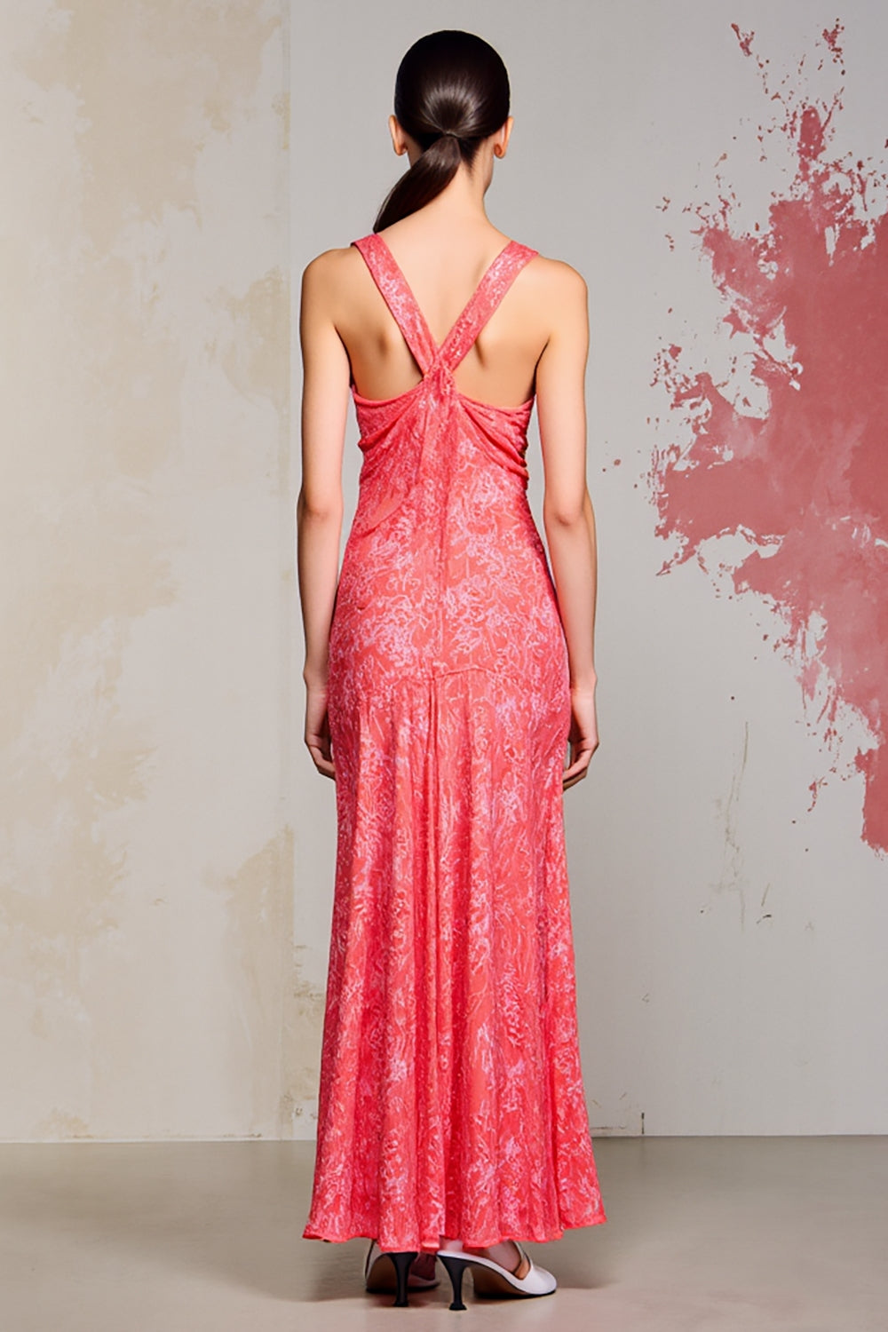 Rosa Etui Gerafftes Langes Hochzeitsgastkleid