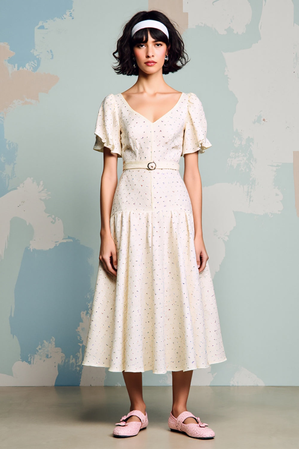 Elfenbein Hochzeitsgastkleid mit Rüschen in A-Linie