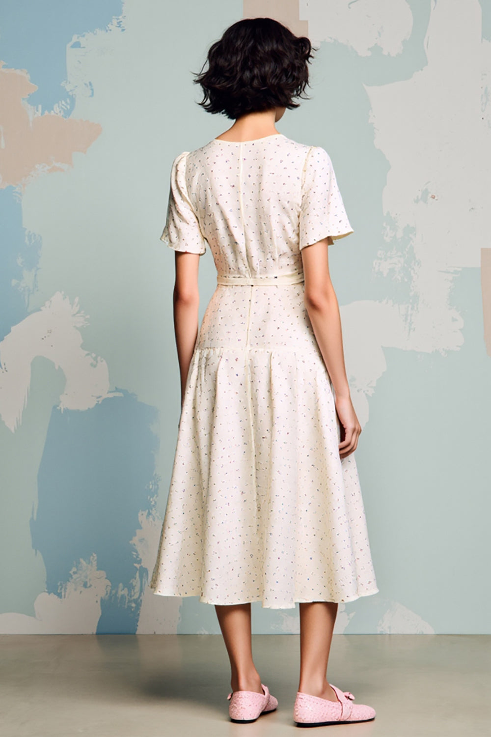 Elfenbein Hochzeitsgastkleid mit Rüschen in A-Linie