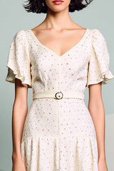 Elfenbein Hochzeitsgastkleid mit Rüschen in A-Linie