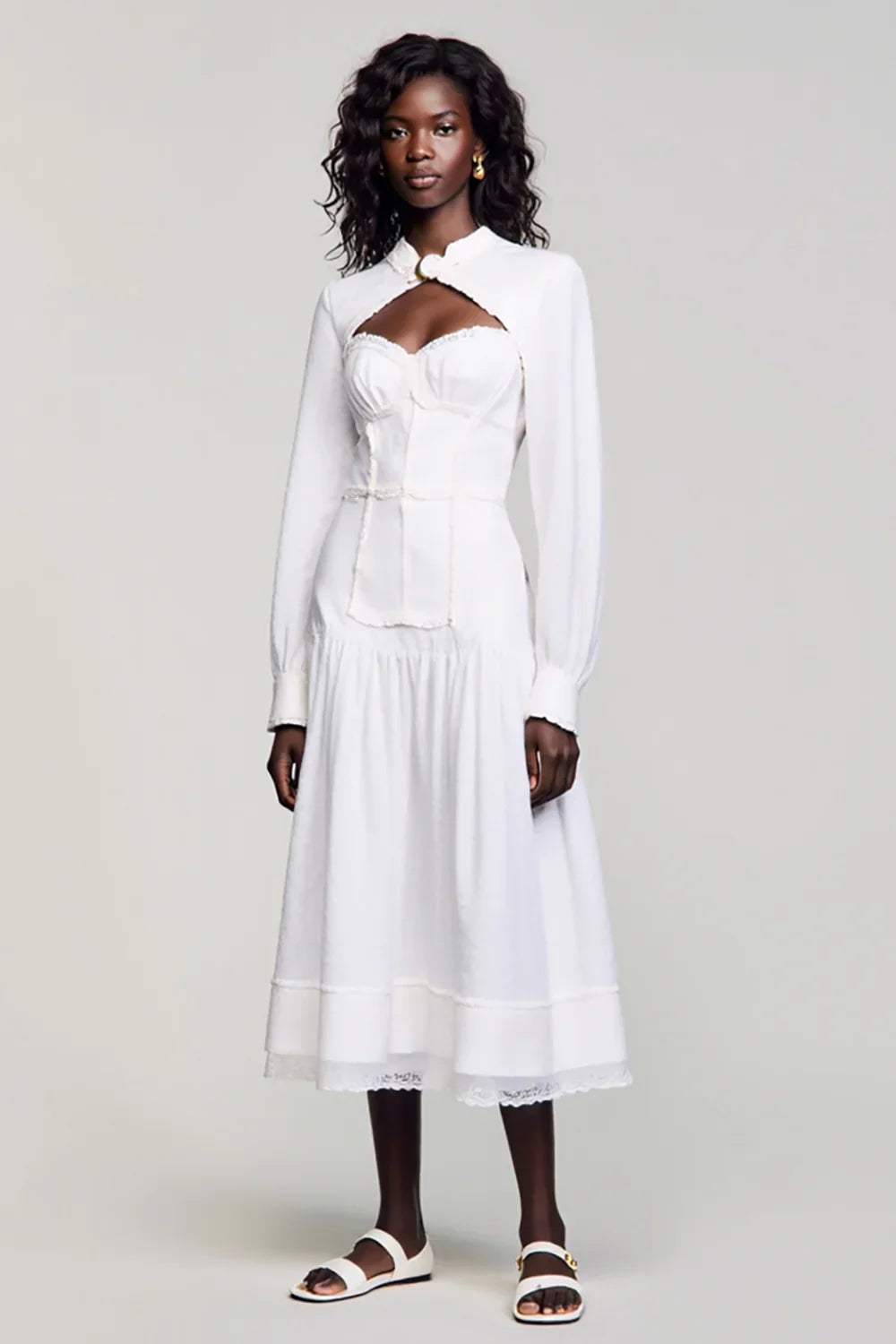 Weißes A-Linie Hochzeitsgastkleid mit langen Ärmeln