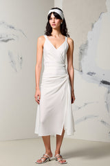 Elfenbein Gästekleid mit Rüschen und V-Ausschnitt und Schlitz