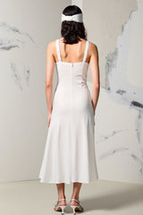 Elfenbein Gästekleid mit Rüschen und V-Ausschnitt und Schlitz