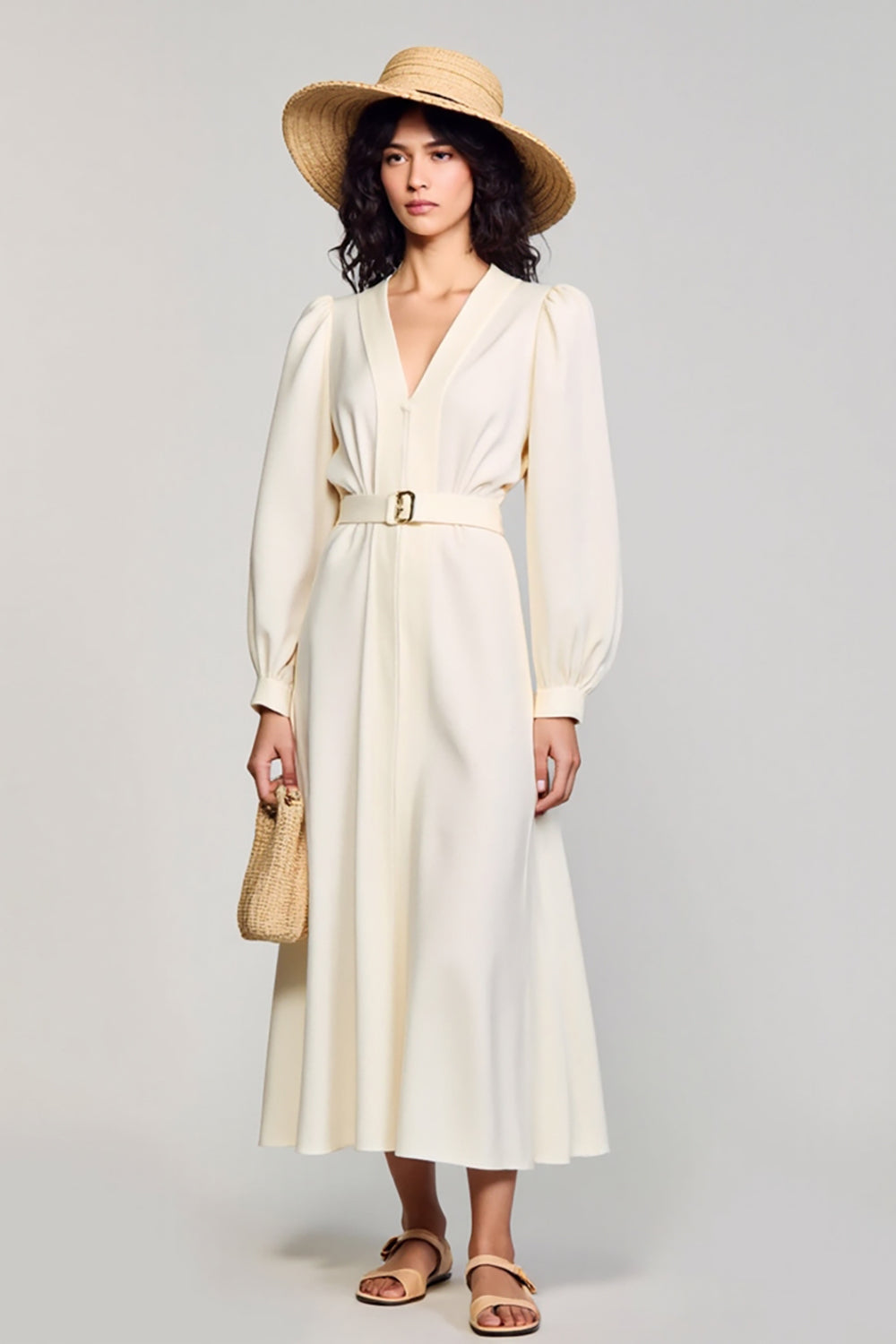 Elfenbein A-Linie Kleid für Hochzeitsgäste mit langen Ärmeln