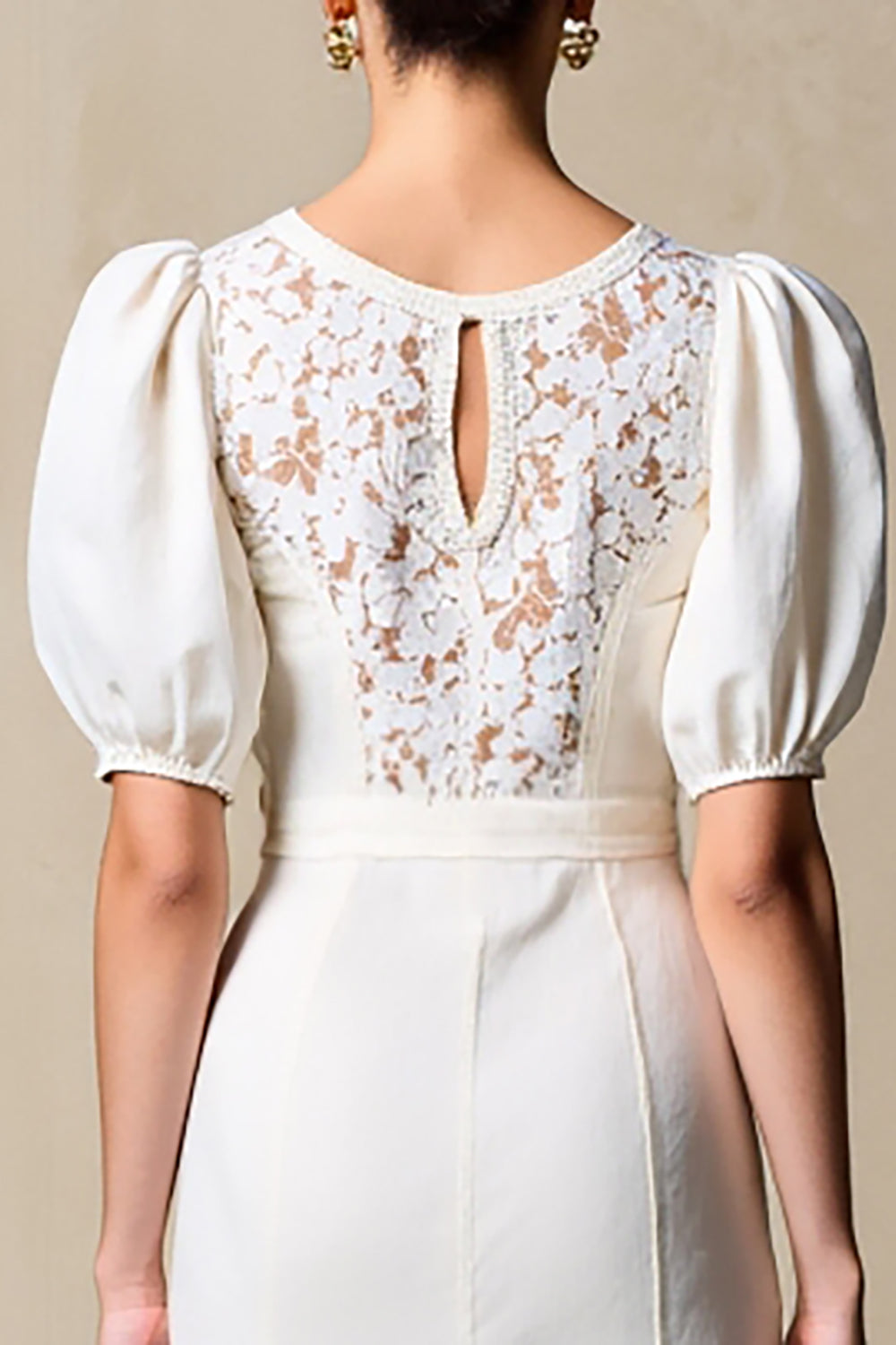 Elfenbein Etui Hochzeitsgästekleid mit Puffärmeln