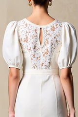 Elfenbein Etui Hochzeitsgästekleid mit Puffärmeln