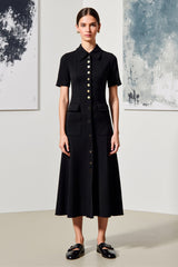 Schwarzes A-Linie Hochzeitsgastkleid mit Kragen und Ärmeln