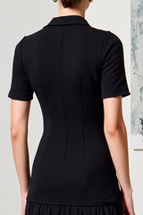 Schwarzes A-Linie Hochzeitsgastkleid mit Kragen und Ärmeln