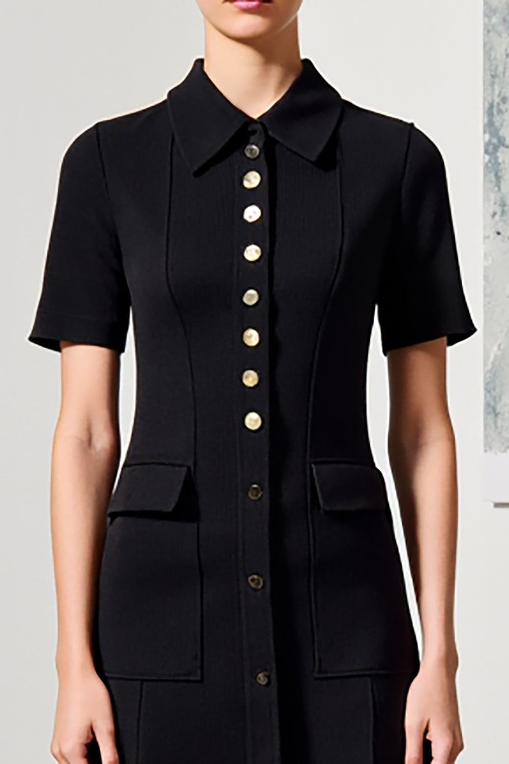 Schwarzes A-Linie Hochzeitsgastkleid mit Kragen und Ärmeln
