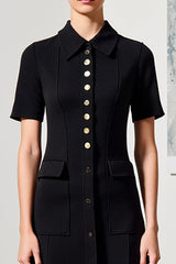 Schwarzes A-Linie Hochzeitsgastkleid mit Kragen und Ärmeln