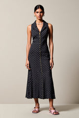 Schwarzes Polka Dot Langes Chiffon Hochzeitsgastkleid