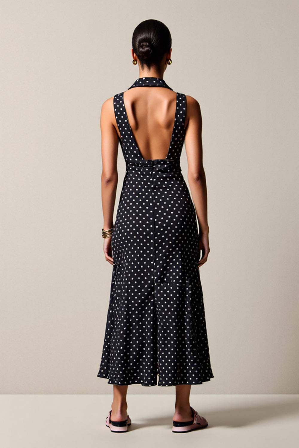 Schwarzes Polka Dot Langes Chiffon Hochzeitsgastkleid