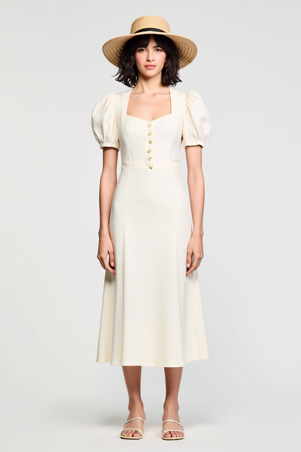 Elfenbein A Linie Midi Hochzeitsgastkleid mit Puffärmeln