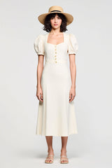 Elfenbein A Linie Midi Hochzeitsgastkleid mit Puffärmeln