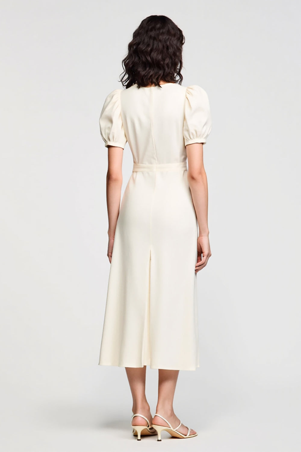 Elfenbein A Linie Midi Hochzeitsgastkleid mit Puffärmeln