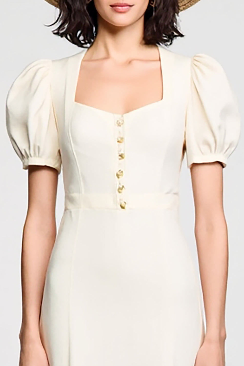 Elfenbein A Linie Midi Hochzeitsgastkleid mit Puffärmeln