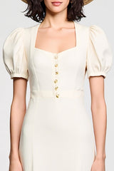 Elfenbein A Linie Midi Hochzeitsgastkleid mit Puffärmeln