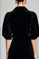 Schwarzes A-Linie Hochzeitsgastkleid mit Puffärmeln und V-Ausschnitt