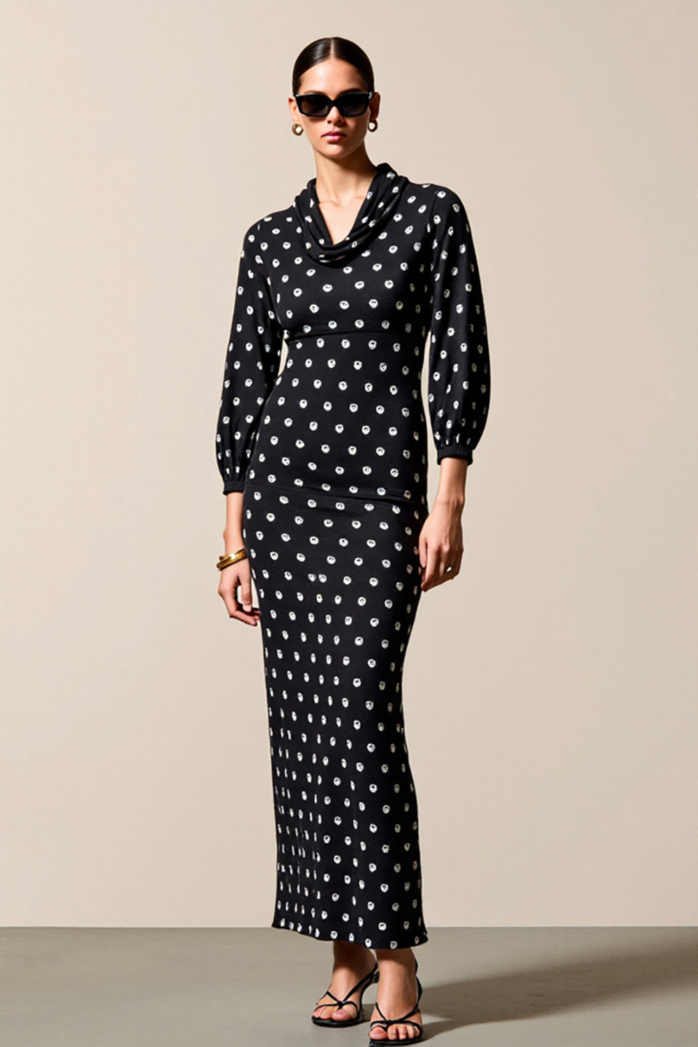 Polka Dot Wasserfall Ausschnitt Etui Schwarzes Hochzeitsgastkleid