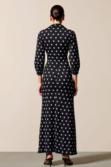 Polka Dot Wasserfall Ausschnitt Etui Schwarzes Hochzeitsgastkleid