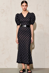 Schwarzes Polka Dot Langes Hochzeitsgastkleid mit Puffärmeln und Gürtel