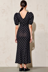 Schwarzes Polka Dot Langes Hochzeitsgastkleid mit Puffärmeln und Gürtel