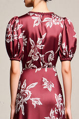 Rotes Etui V-Ausschnitt Bedrucktes Hochzeitsgastkleid mit Schlitz