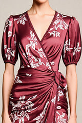 Rotes Etui V-Ausschnitt Bedrucktes Hochzeitsgastkleid mit Schlitz