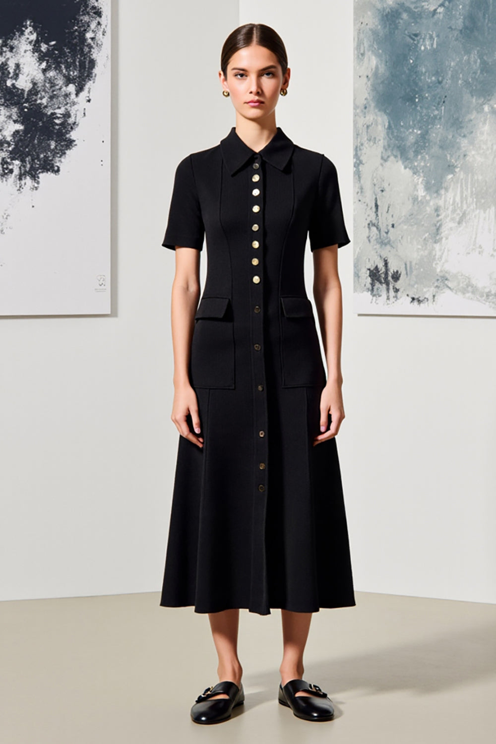 Einreihiges Revers Midi Schwarzes Hochzeitsgastkleid