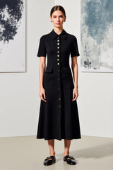 Einreihiges Revers Midi Schwarzes Hochzeitsgastkleid