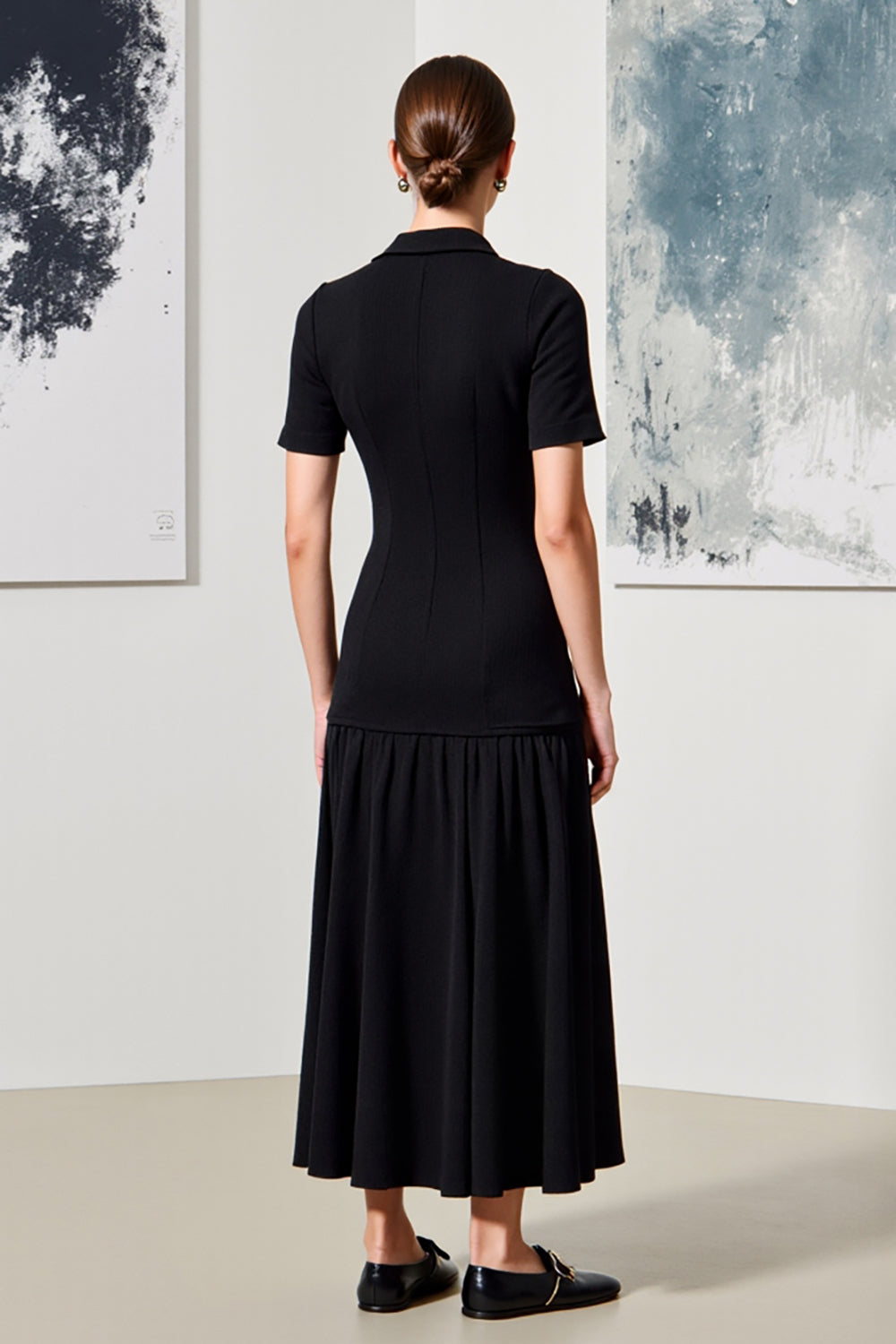 Einreihiges Revers Midi Schwarzes Hochzeitsgastkleid