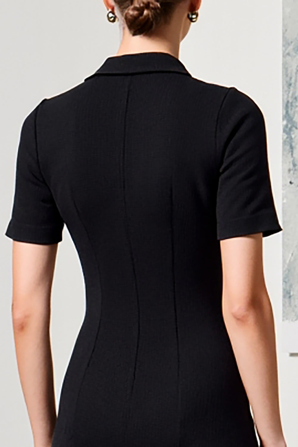 Einreihiges Revers Midi Schwarzes Hochzeitsgastkleid